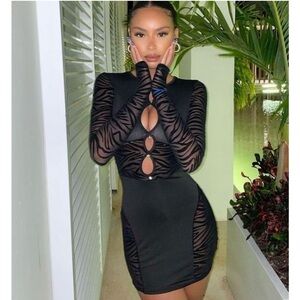 Black Sheer Zebra Print Cutout Dress